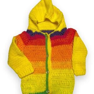 Handmade hooded crochet bright rainbow cardigan youth size 8-10 boho